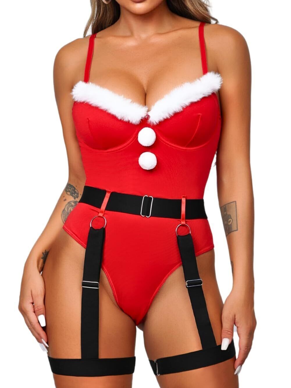 8294 Christmas Santa Outfits ,Bodysuit Garter Belt Set Mrs Claus Costume